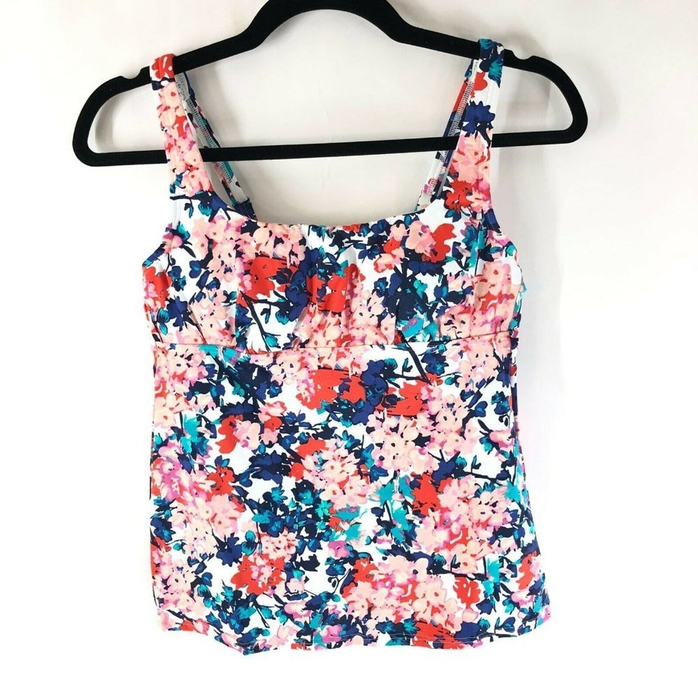Lands End Tankini Top Underwire Removable Pads Square Neck Floral Pink White 4
